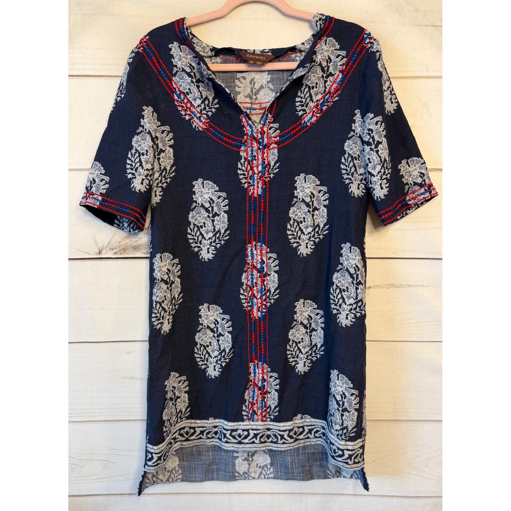 Ranna Gill Navy Blue Embroidered Floral Tunic Top Short Sleeve Size Medium